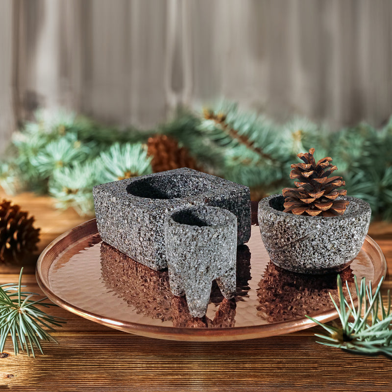 Hand Carved and Polished Volcanic Stone Molcajetes with Copper Tray Set of 3