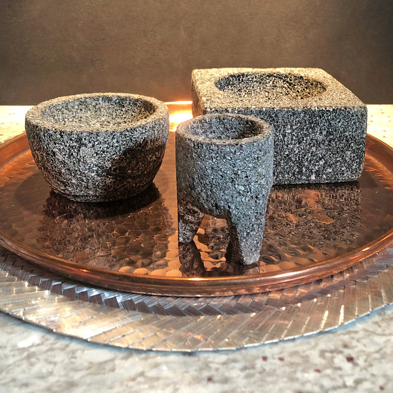 Hand Carved and Polished Volcanic Stone Molcajetes with Copper Tray Set of 3