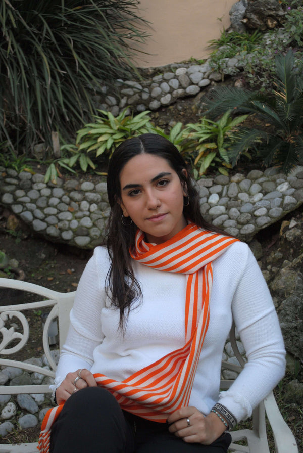 Orange & White Scarf Hand-Woven in Loom