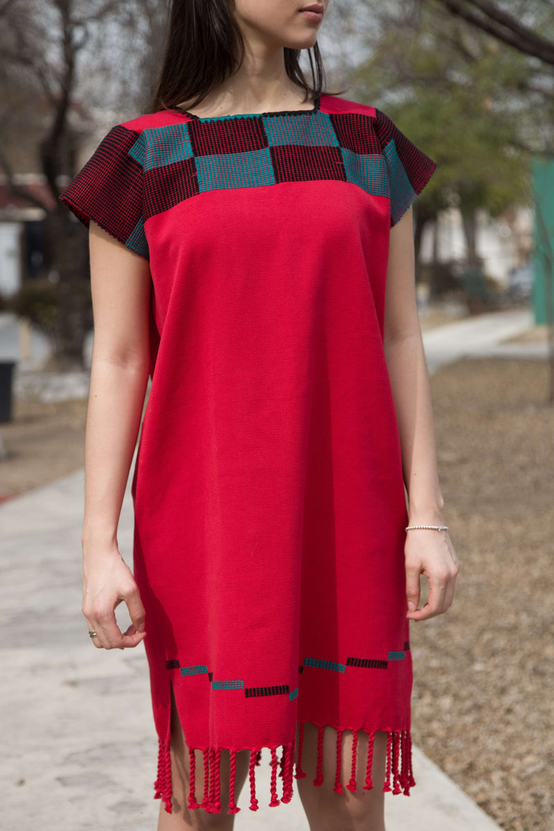 Red & Navy Blue Dress Hand-Woven in Loom