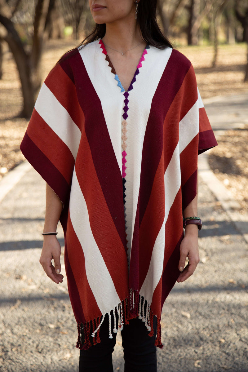 Red & Wine Colored Poncho Hand-Woven in Loom