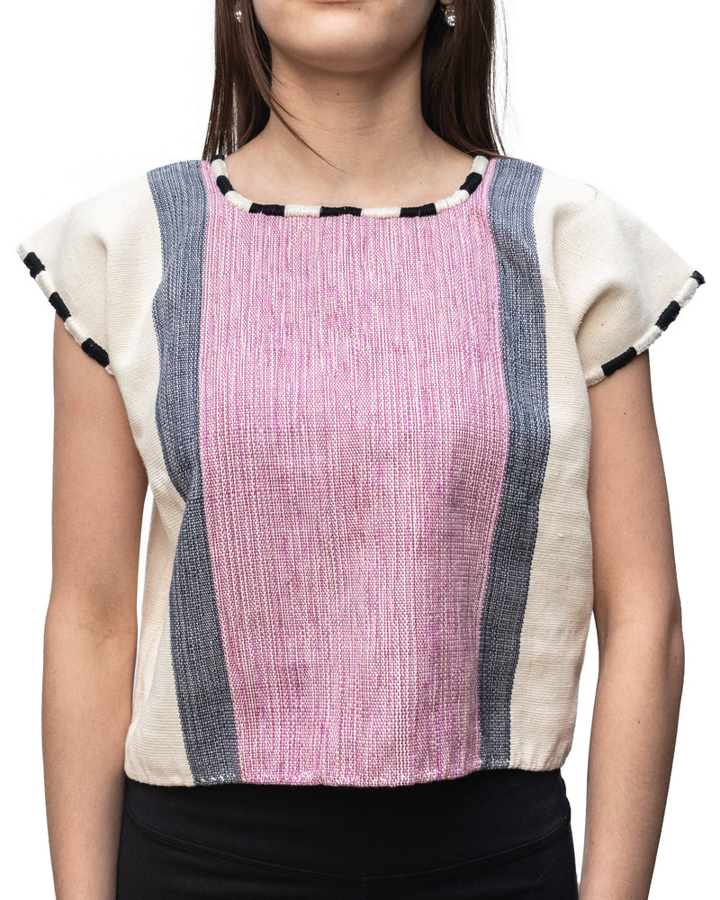 Cream Blouse with Purple & Navy Blouse Hand-Woven in Loom