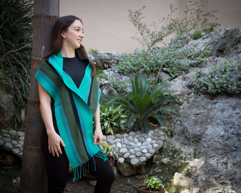 Green & Blue Scarf Hand-Woven in Loom