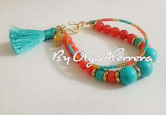 Handmade Aqua and Coral Gala Bracelet