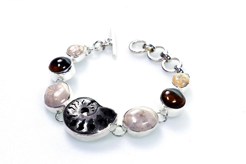 Silver Bracelet With English Fossilized Ammonite, Fossilized Sea Urchin And ed Amber