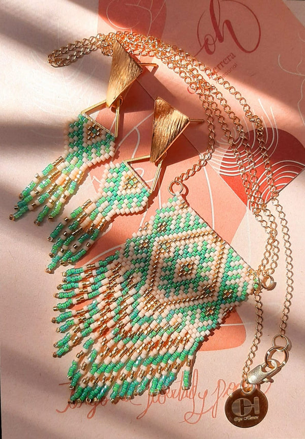 Handmade Green Mapuche Necklace & Earrings Set