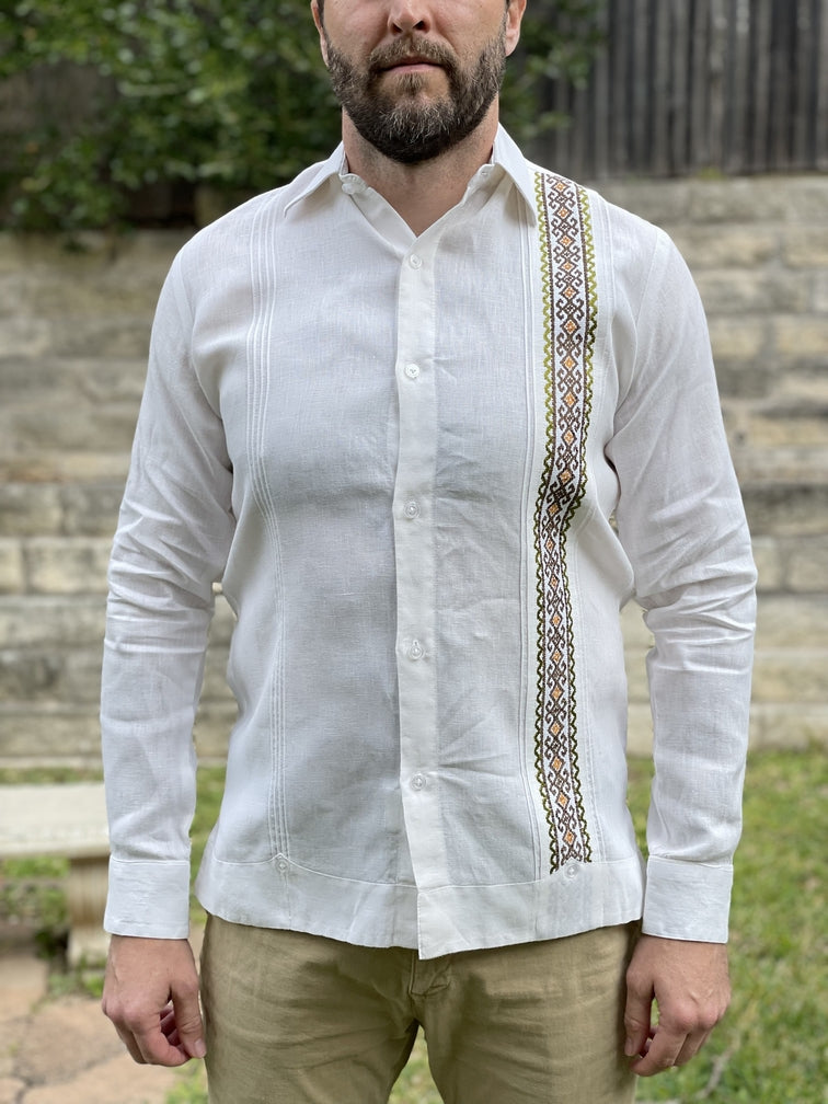 Ivory Linen Chiapas Guayabera with Moss Green Detail