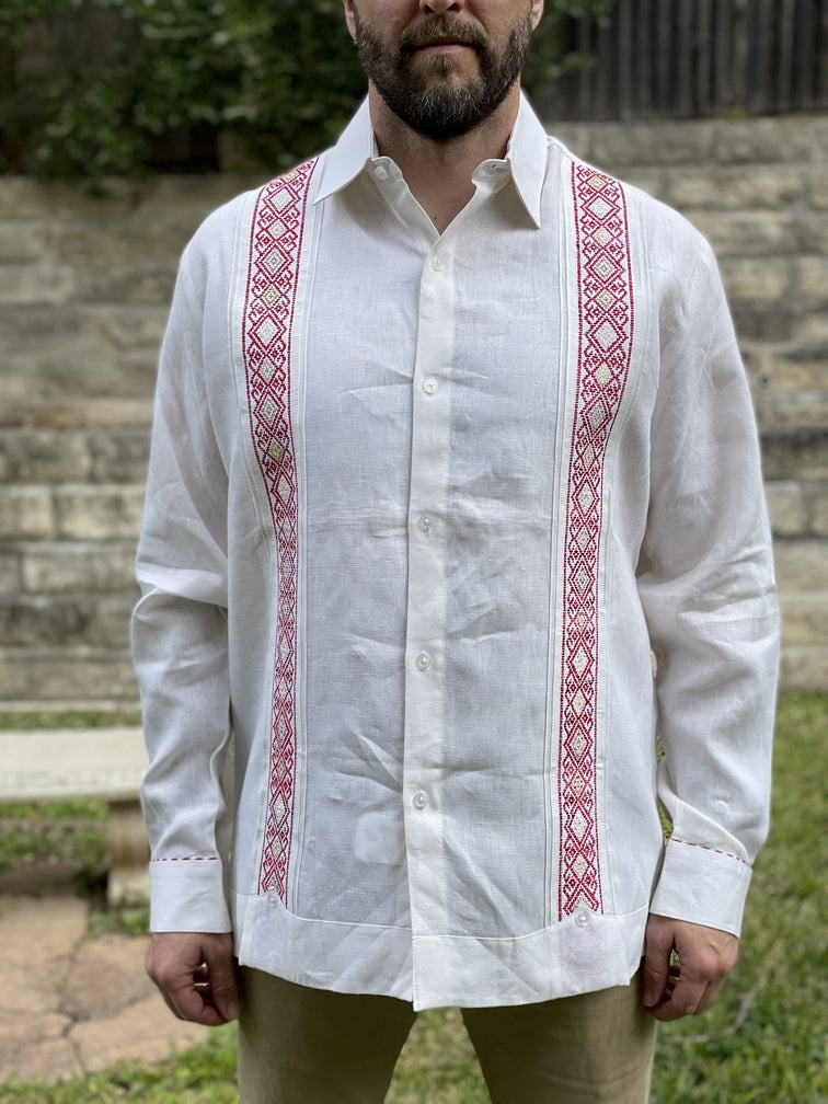 Ivory Linen Chiapas Guayabera with Red Detail
