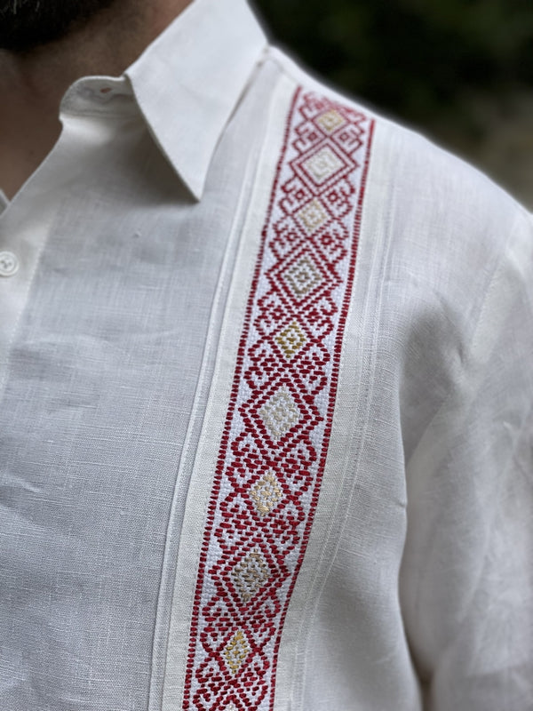 Ivory Linen Chiapas Guayabera with Red Detail