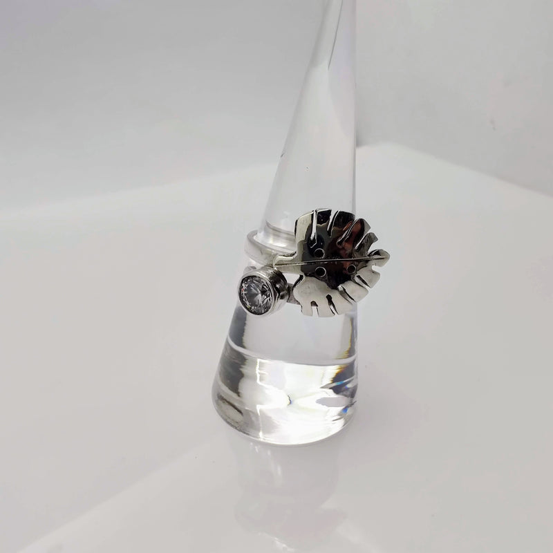 Sounds of the Forest- Handmade- 950 Silver with Circular Swarovski Zirconia- Monstera Leaf Ring