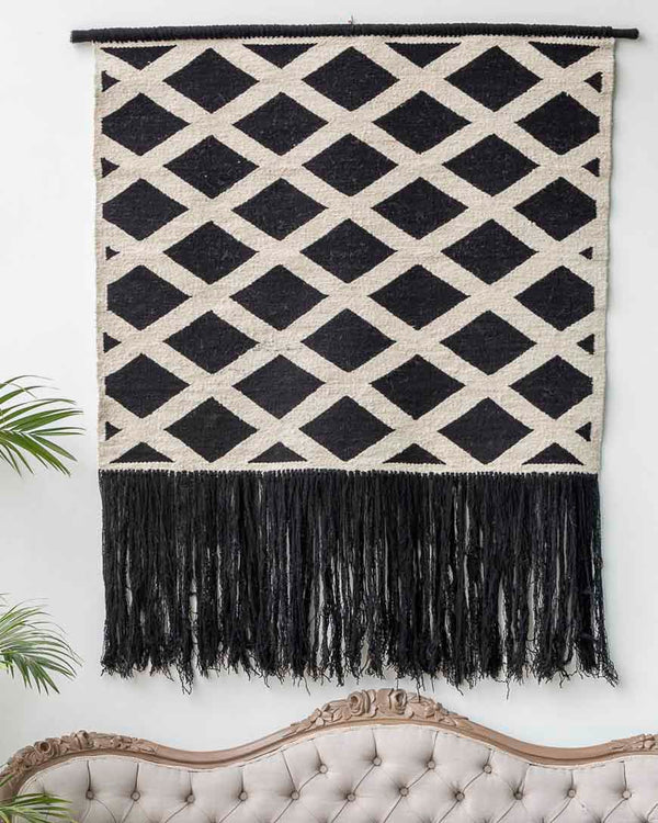 Wool Dual Tone Wall Decor Hand Woven in Loom in Black and Beige