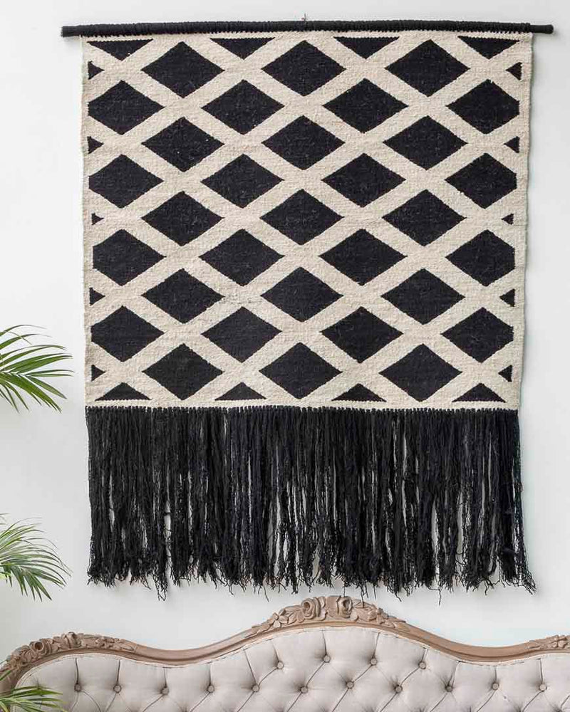 Wool Dual Tone Wall Decor Hand Woven in Loom in Black and Beige