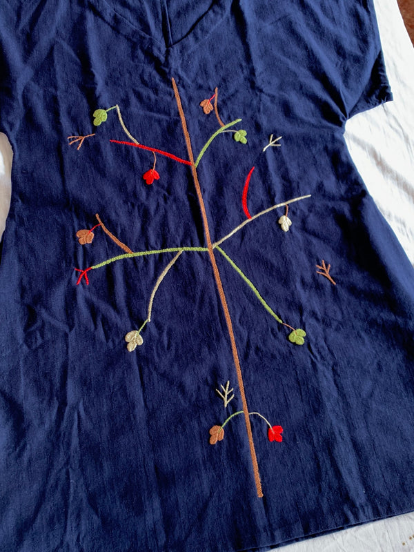 Navy Blue Hand Embroidered Linen Dress