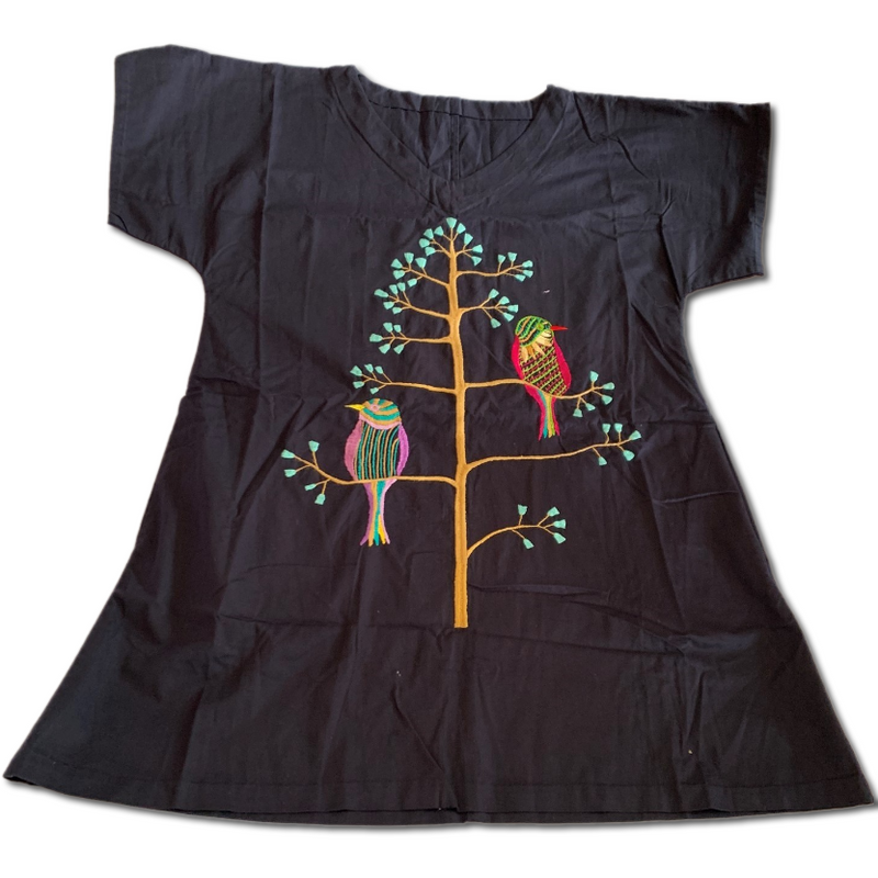 Linen Dress with Bird Embroidery