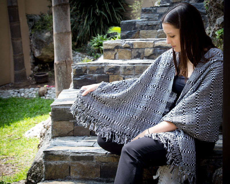 Black & White Shawl Hand-Woven in Loom