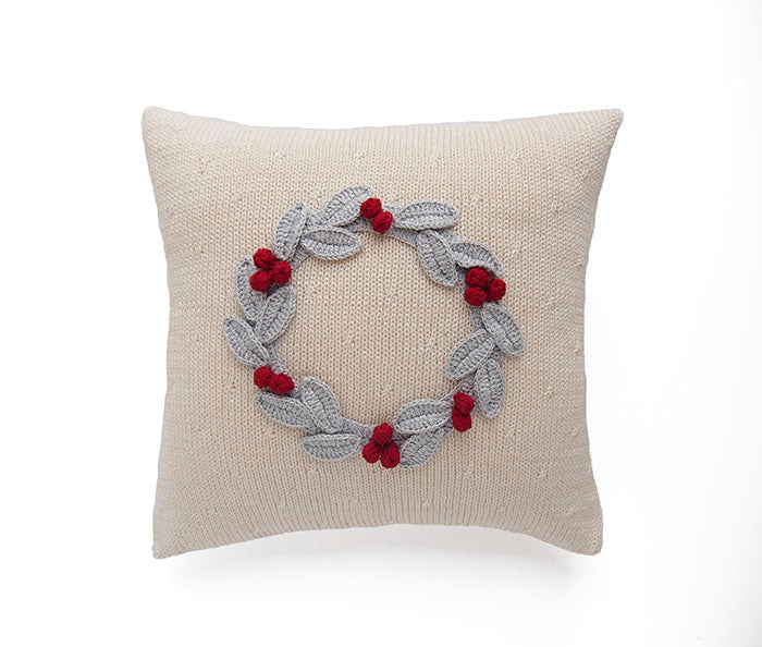 Grey Wreath with Berries 10" Pillow, Ecru