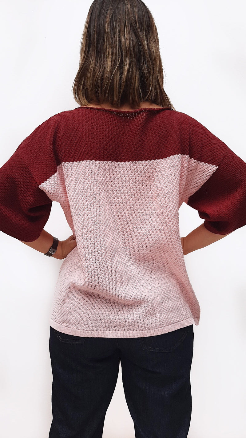 Block Woven T-shirt - Pink and Burgundy