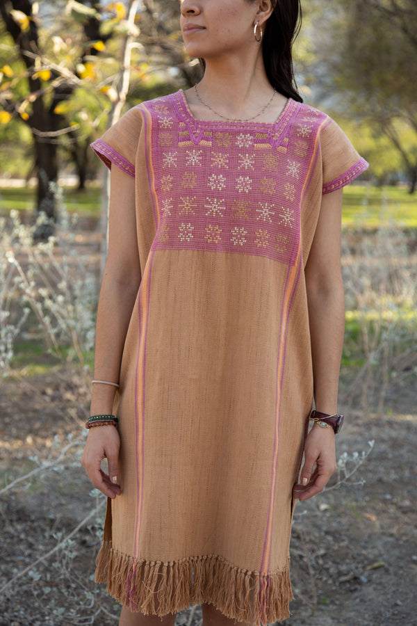 Brown & Gold, with Purple and Orange Dress Hand-Woven in Loom