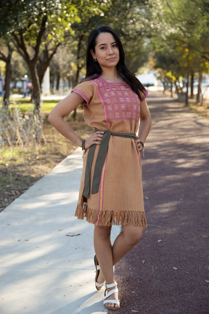 Brown & Gold, with Purple and Orange Dress Hand-Woven in Loom