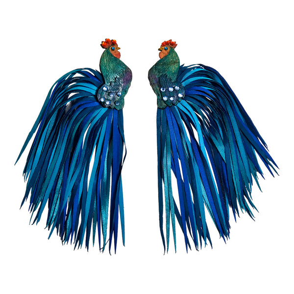 Blue Fabric Rooster Tail Earrings