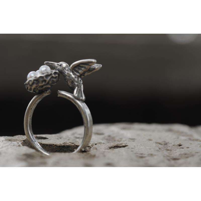 Hummingbird Ring With Pearl Nest in Sterling Silver