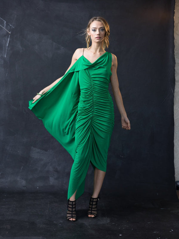 MARGOT Emerald A-Symmetrical Shirring Dress